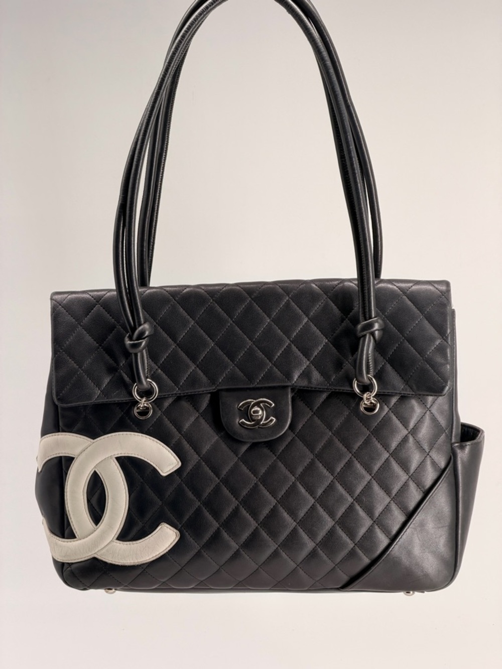 CHANEL Cambon Lambskin Flap Large Black Bag white cc logo